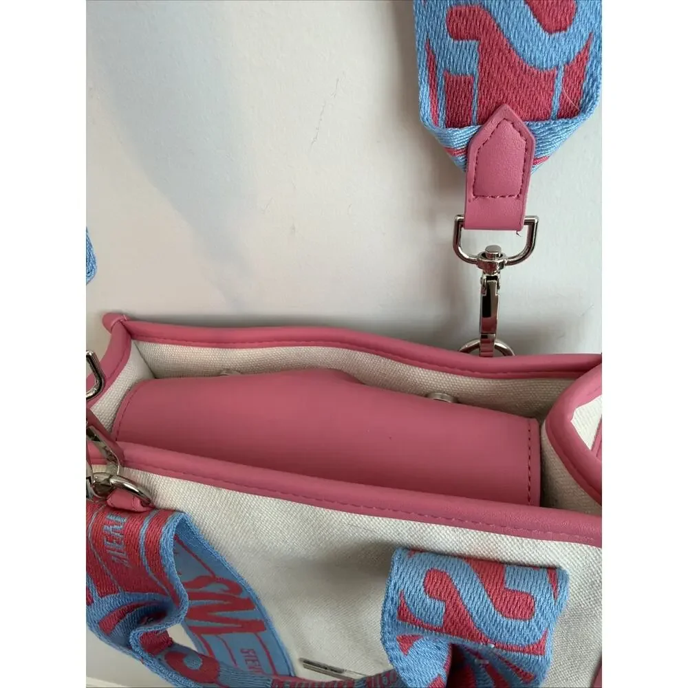 Steve Madden Cream Pink Blue Tik Tok Canvas Tote Bag Crossbody Purse BWEBBER